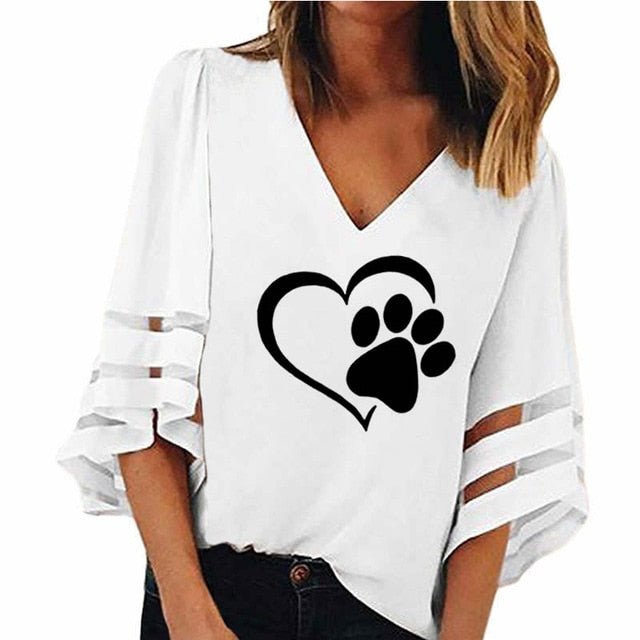 New Fashion Dog Paw Women V-Neck T Shirt image 0