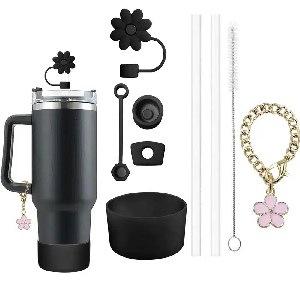 9-Piece Stanley Cup Accessories Set: Spill-Proof Stoppers, Straw Covers, & Flower Charm - black image