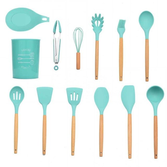 Heat Resistant Non-Stick Silicone Kitchenware Cooking Utensils Set With Storage Box Tools - Mint GREEN 13PCS image