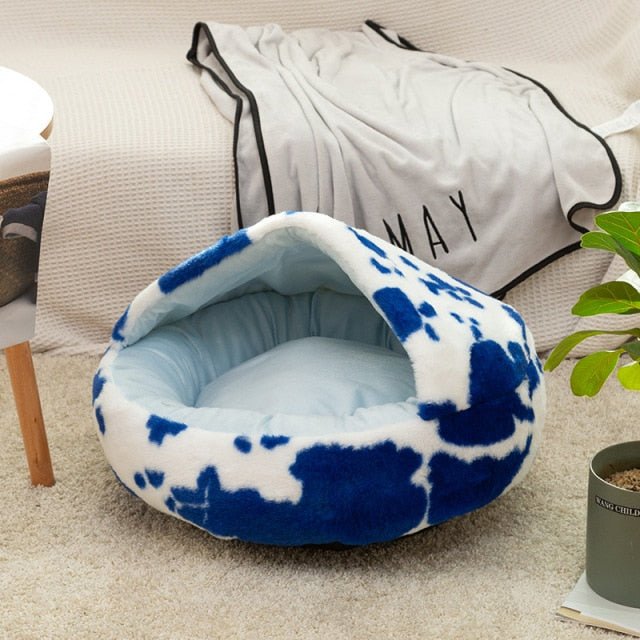 Winter Long Plush Pet Cat Bed Round Cat Cushion Cat House 2 In 1 Warm Cat Basket Cat Sleep Bag Cat Nest Kennel For Small Dog Cat - Spots Blue, 50x50cm image