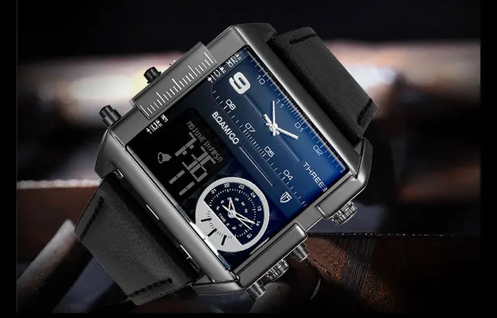 BOAMIGO brand Men sports watches 3 time zone LED Leather quartz wristwatches image 31