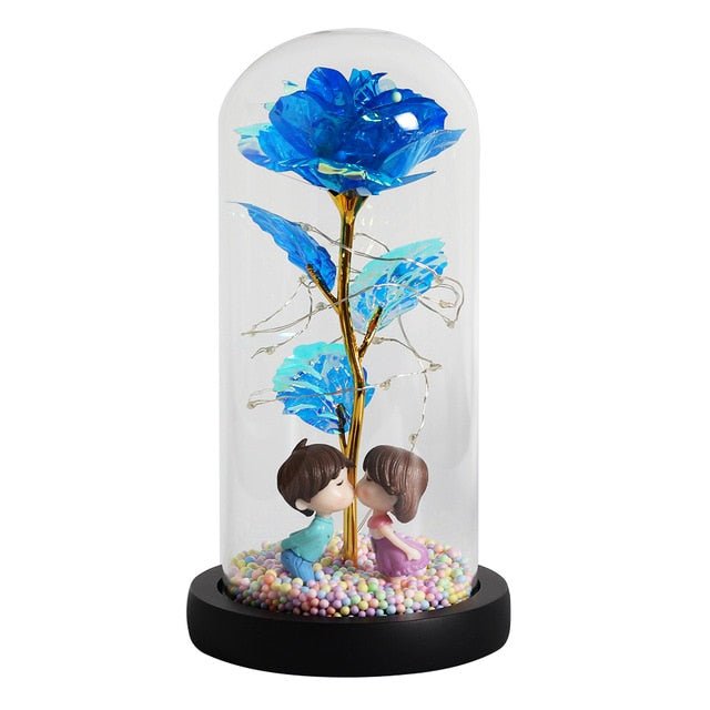 6-Colour "Beauty And The Beast" Red Rose In A Glass Dome On A Wooden Base For Valentine's Gifts - A02 image