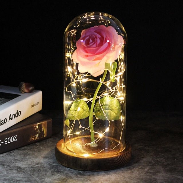 6-Colour "Beauty And The Beast" Red Rose In A Glass Dome On A Wooden Base For Valentine's Gifts - brown base pink image