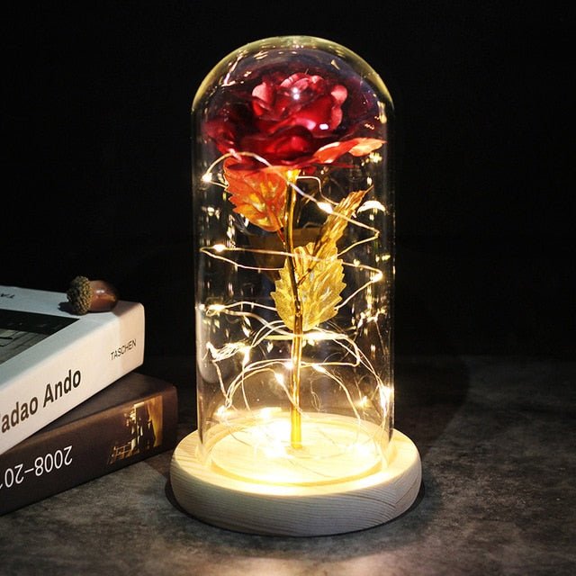 6-Colour "Beauty And The Beast" Red Rose In A Glass Dome On A Wooden Base For Valentine's Gifts - red image