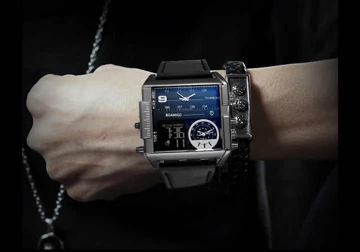 BOAMIGO brand Men sports watches 3 time zone LED Leather quartz wristwatches image 20