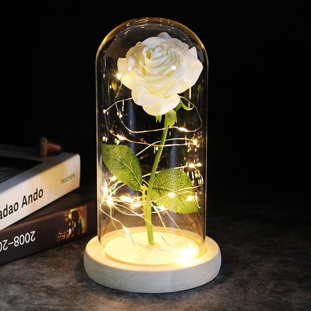6-Colour "Beauty And The Beast" Red Rose In A Glass Dome On A Wooden Base For Valentine's Gifts - white image