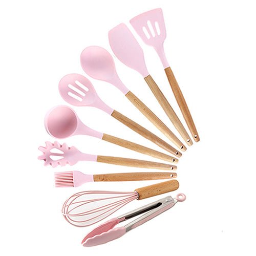Heat Resistant Non-Stick Silicone Kitchenware Cooking Utensils Set With Storage Box Tools - PINK 9PCSA image