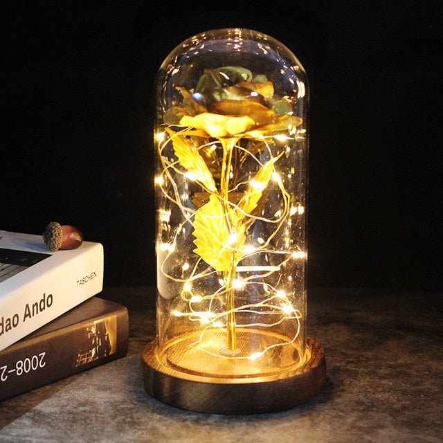 6-Colour "Beauty And The Beast" Red Rose In A Glass Dome On A Wooden Base For Valentine's Gifts - brown base gold image