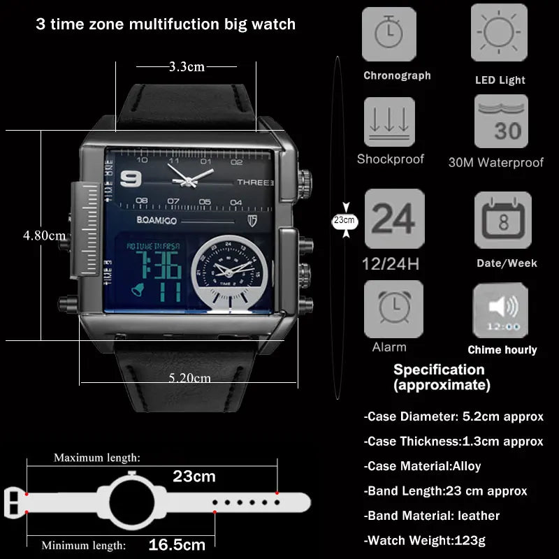 BOAMIGO brand Men sports watches 3 time zone LED Leather quartz wristwatches image 4