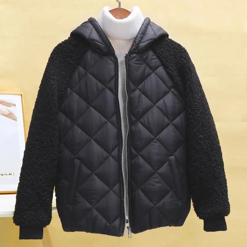 Thin Light Down Cotton Jacket Female Short Coat Autumn Winter Women's 2023 New Hooded Loose Lmitation Lamb Wool Cotton Jacket image 2