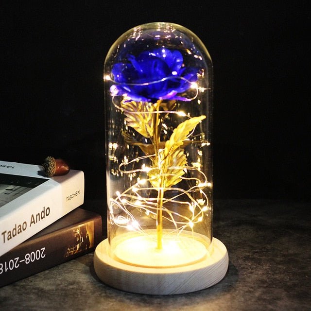 6-Colour "Beauty And The Beast" Red Rose In A Glass Dome On A Wooden Base For Valentine's Gifts - blue image