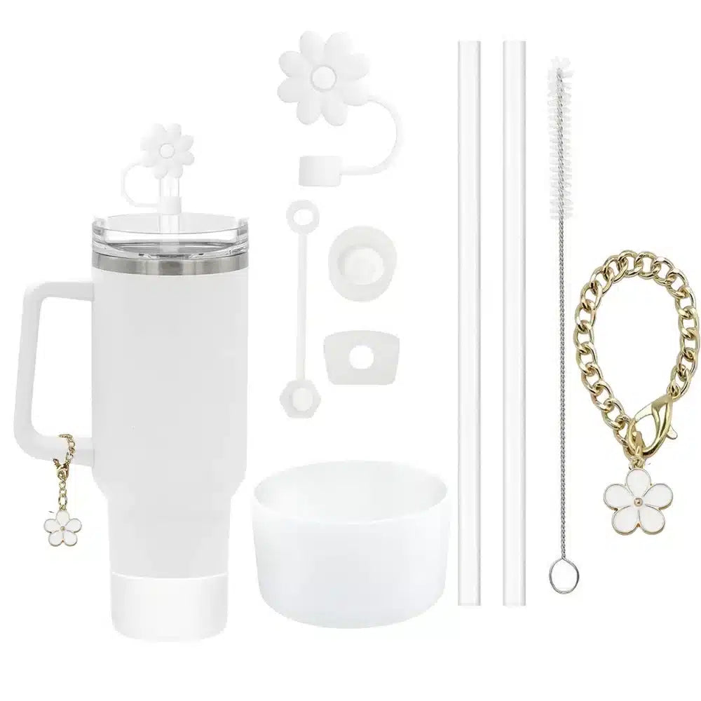 9-Piece Stanley Cup Accessories Set: Spill-Proof Stoppers, Straw Covers, & Flower Charm - white image