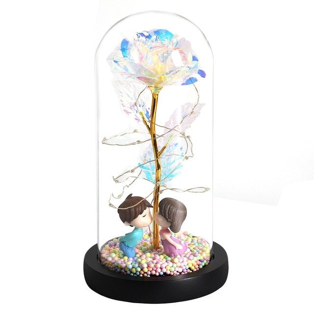 6-Colour "Beauty And The Beast" Red Rose In A Glass Dome On A Wooden Base For Valentine's Gifts - A01 image