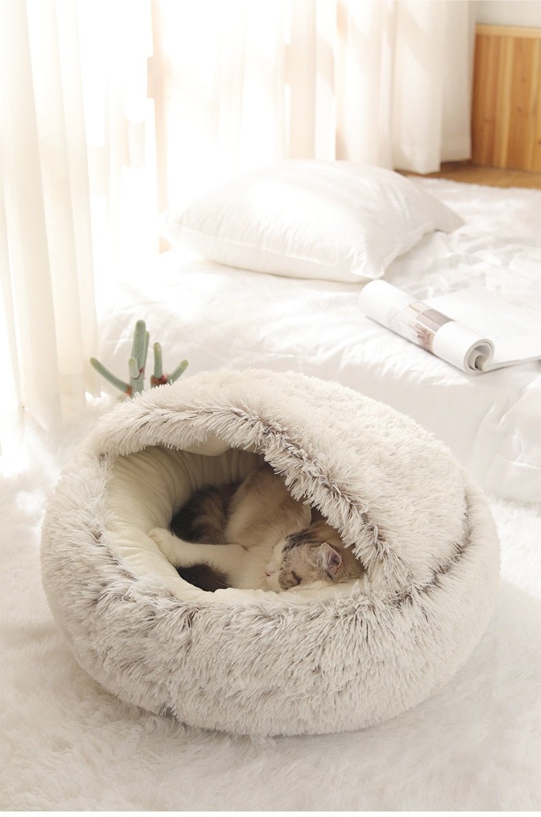 Winter Long Plush Pet Cat Bed Round Cat Cushion Cat House 2 In 1 Warm Cat Basket Cat Sleep Bag Cat Nest Kennel For Small Dog Cat image 7
