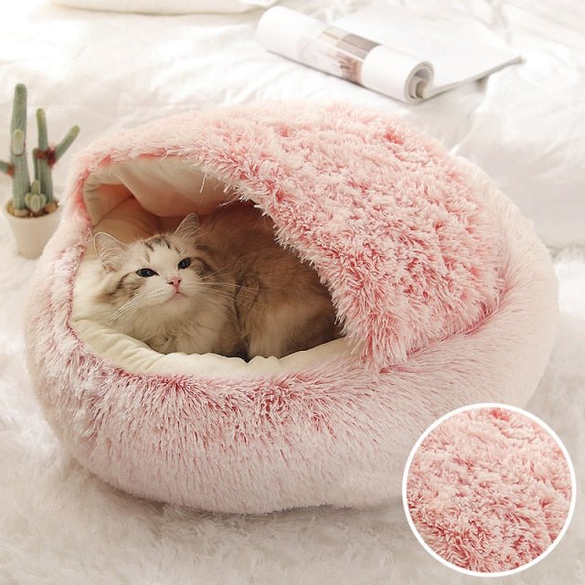 Winter Long Plush Pet Cat Bed Round Cat Cushion Cat House 2 In 1 Warm Cat Basket Cat Sleep Bag Cat Nest Kennel For Small Dog Cat - Pink, 60x60cm image
