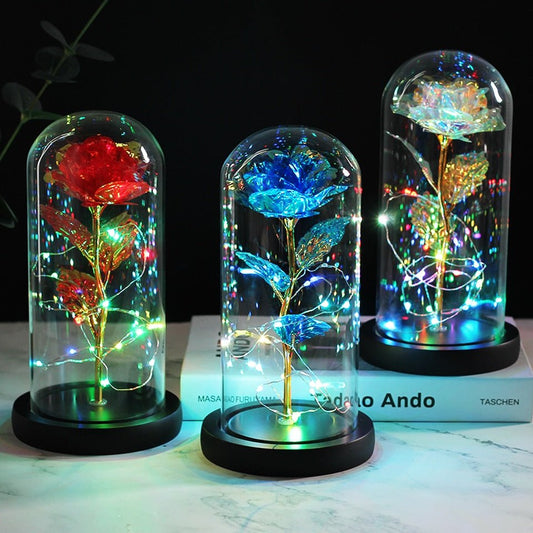 6-Colour "Beauty And The Beast" Red Rose In A Glass Dome On A Wooden Base For Valentine's Gifts image 0