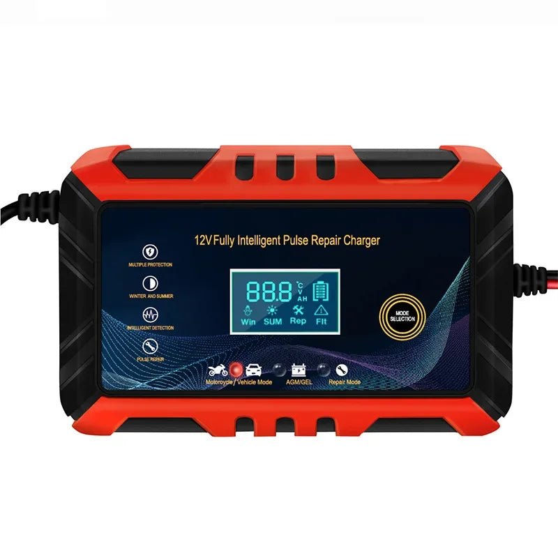 Car Battery Charger Intelligent Pulse Repair LCD Display 12V Car Battery Motorcycle Battery Charging Battery Repair Charger - red-EU image