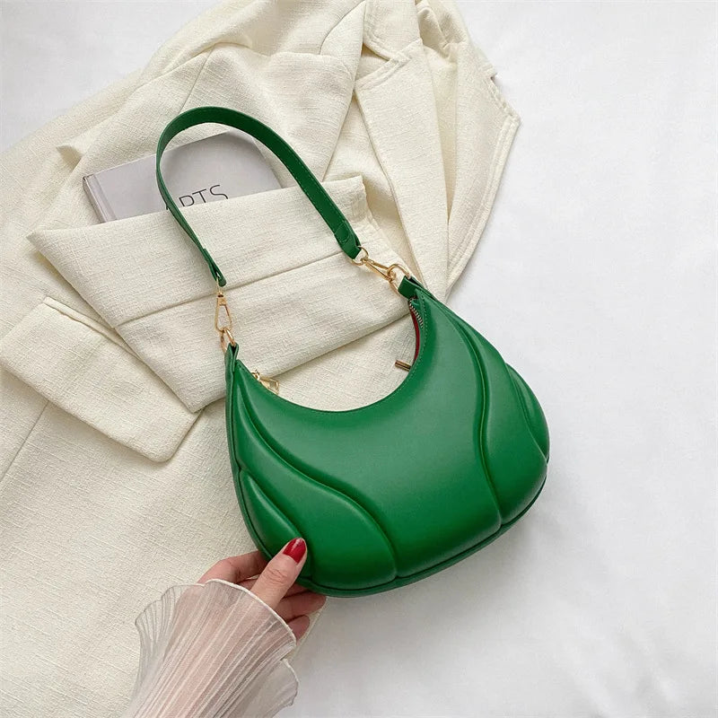 Retro Solid Color Shoulder Bag PU Leather Handbags for Women Simple Ladies Underarm Bag Designer Hobos Saddle Crescent Chic Bag - Green image