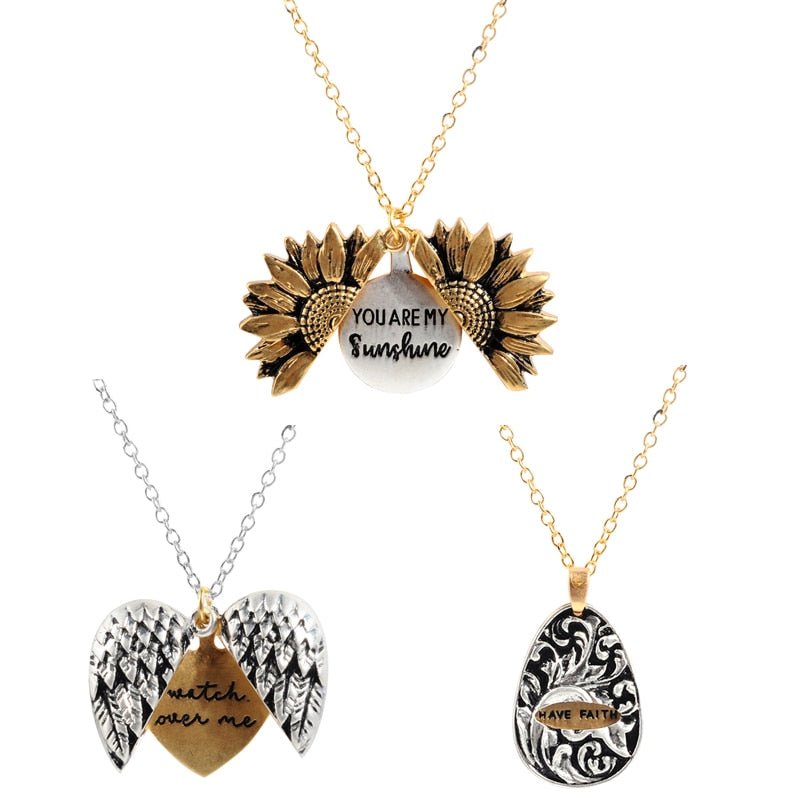 Bohemia Sunflower Double-layer Metal Pendant Necklace For Women With Letterings like "You are my Sunshine" image 12