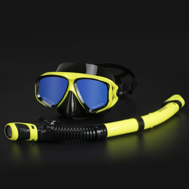 COPOZZ Scuba Diving Mask Set Anti Fog Goggles with Snorkel Glasses Tube Adjustable Strap for Women Men Adult Swimming Mask - Mirror Yellow Frame image