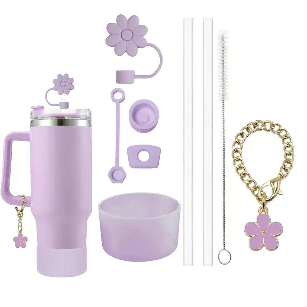 9-Piece Stanley Cup Accessories Set: Spill-Proof Stoppers, Straw Covers, & Flower Charm - purple image