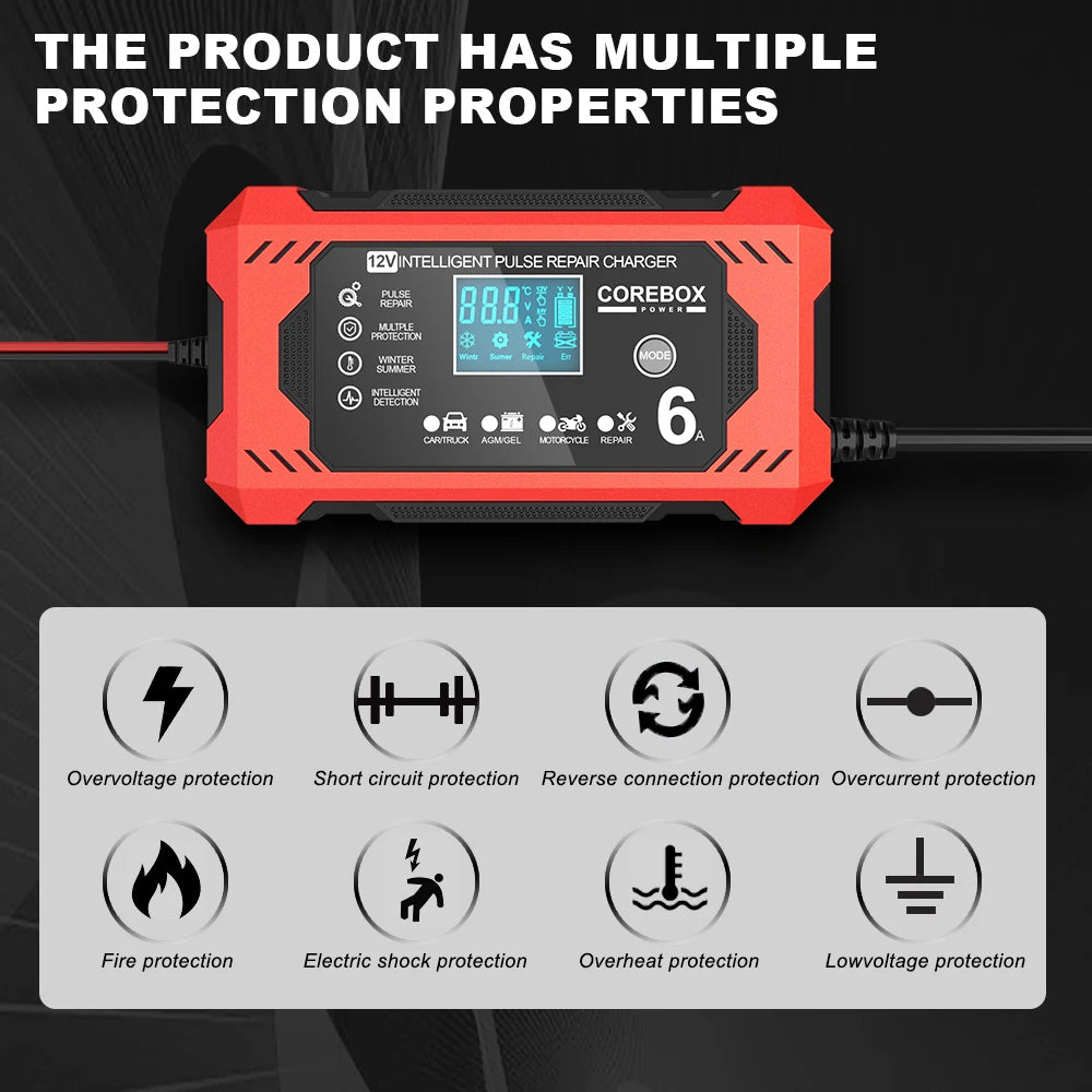 6A 12V Intelligent Automotive Battery Charger for Car & Motorcycle - Smart Lead-Acid Battery Maintenance image 23