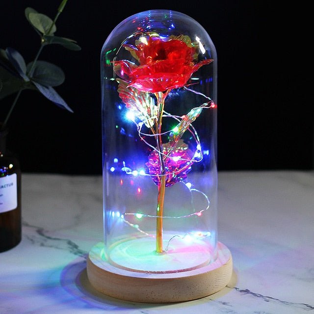 6-Colour "Beauty And The Beast" Red Rose In A Glass Dome On A Wooden Base For Valentine's Gifts - D03 image