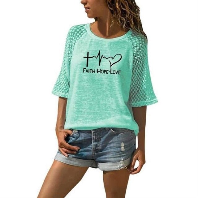 New "Faith, Hope and Love" Letters Print T-Shirt For Women - Green, XXL image
