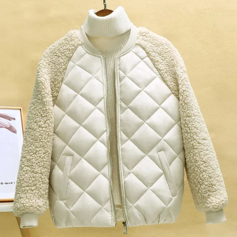 Thin Light Down Cotton Jacket for Women | Hooded Loose-fit Short Coat, Autumn/Winter - crew neck beige, M image