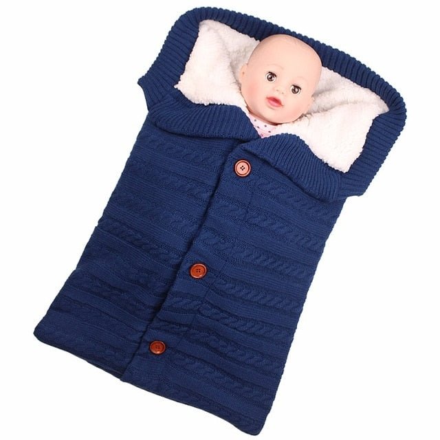 Newborn Baby Winter Warm Sleeping Bag ‚Äì Infant Button Knit Swaddle Wrap & Toddler Blanket Stroller Wrap - Dark Blue image