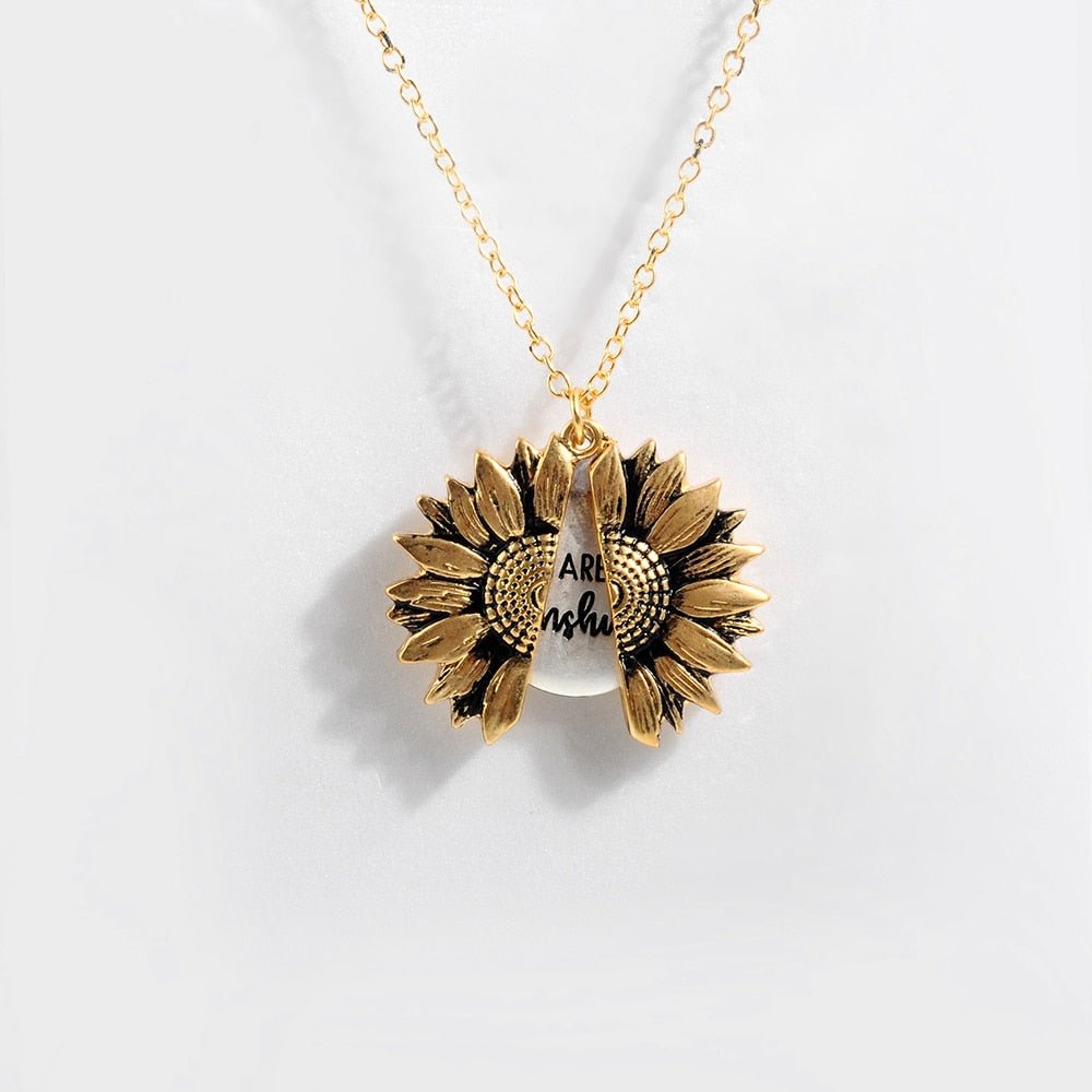 Bohemia Sunflower Double-layer Metal Pendant Necklace For Women With Letterings like "You are my Sunshine" image 4