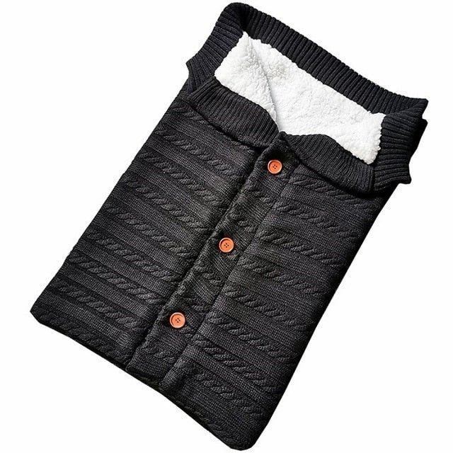 Newborn Baby Winter Warm Sleeping Bag ‚Äì Infant Button Knit Swaddle Wrap & Toddler Blanket Stroller Wrap - Black image