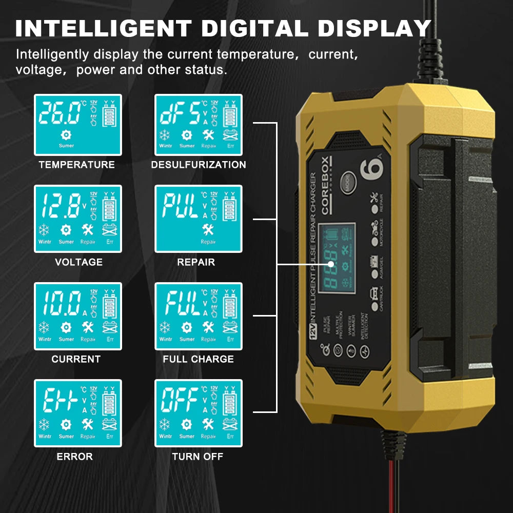 6A 12V Intelligent Automotive Battery Charger for Car & Motorcycle - Smart Lead-Acid Battery Maintenance image 11