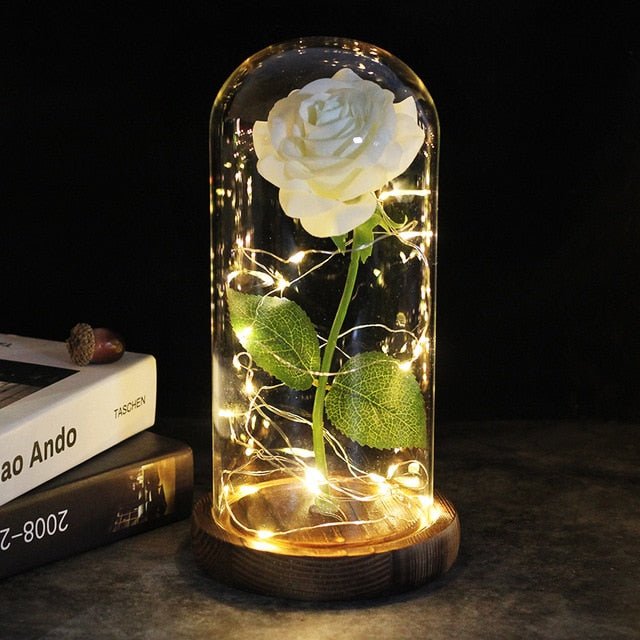 6-Colour "Beauty And The Beast" Red Rose In A Glass Dome On A Wooden Base For Valentine's Gifts - brown base white image