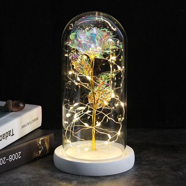 6-Colour "Beauty And The Beast" Red Rose In A Glass Dome On A Wooden Base For Valentine's Gifts - white base bright image