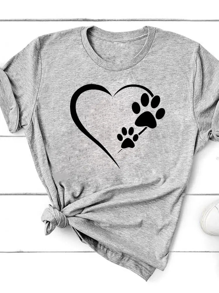 Paw Cat Dog Love Heart Graphic T-Shirt | Women‚Äôs Summer Fashion Short Sleeve Tee - ESL28132, XL image