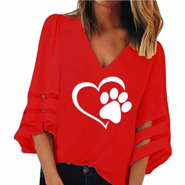 New Fashion Dog Paw Women V-Neck T Shirt - Red, XXL image
