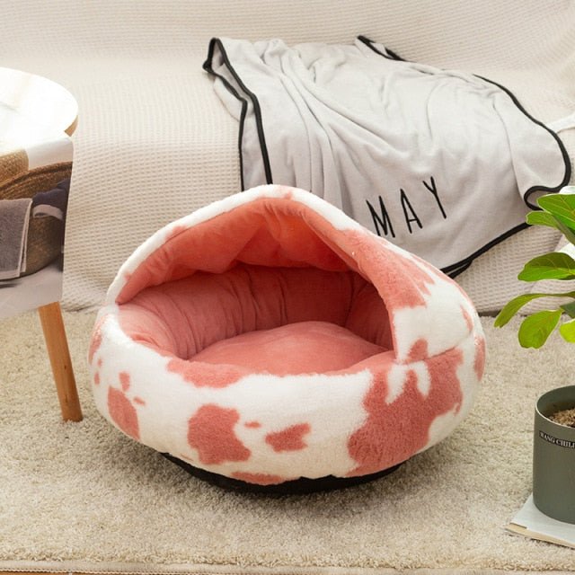 Winter Long Plush Pet Cat Bed Round Cat Cushion Cat House 2 In 1 Warm Cat Basket Cat Sleep Bag Cat Nest Kennel For Small Dog Cat - Spots Pink, 40x40cm image