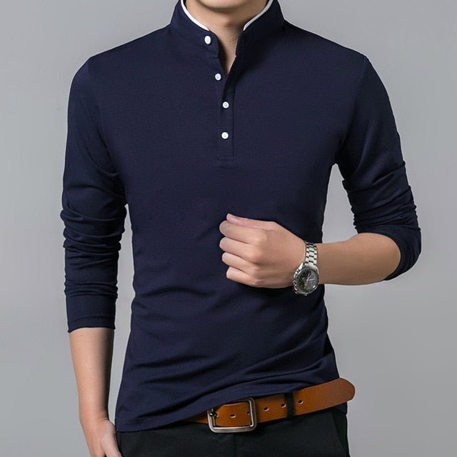 Liseaven Men Full Sleeve Cotton Mandarin Collar T Shirt - Blue, XXL image