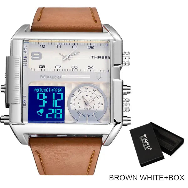 BOAMIGO brand Men sports watches 3 time zone LED Leather quartz wristwatches image 8