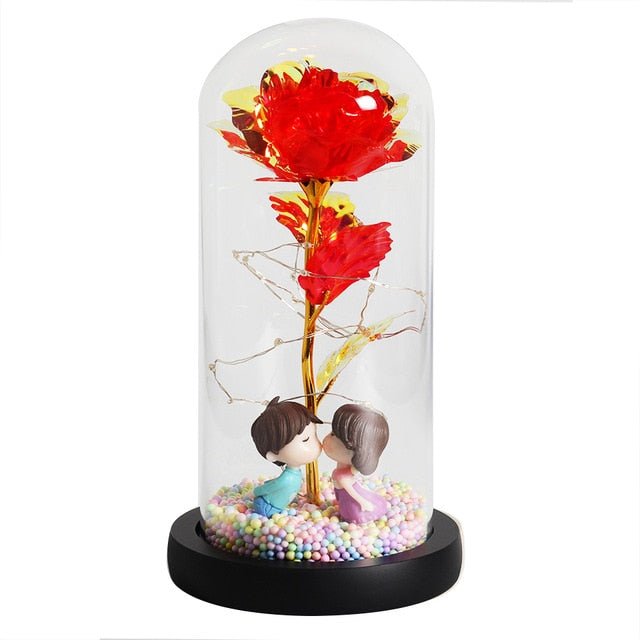 6-Colour "Beauty And The Beast" Red Rose In A Glass Dome On A Wooden Base For Valentine's Gifts - A03 image