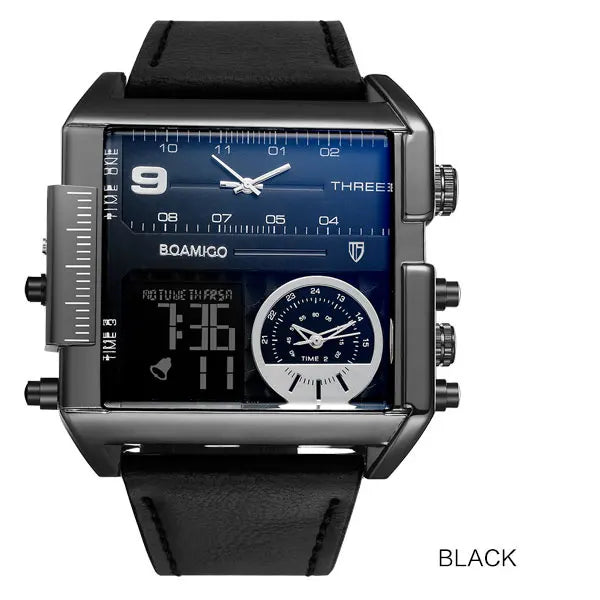 BOAMIGO brand Men sports watches 3 time zone LED Leather quartz wristwatches image 12