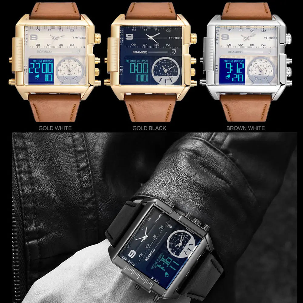 BOAMIGO brand Men sports watches 3 time zone LED Leather quartz wristwatches image 3