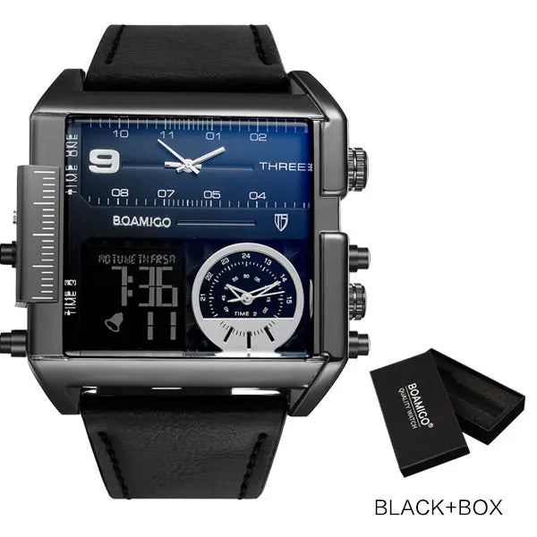 BOAMIGO brand Men sports watches 3 time zone LED Leather quartz wristwatches - new black with box image