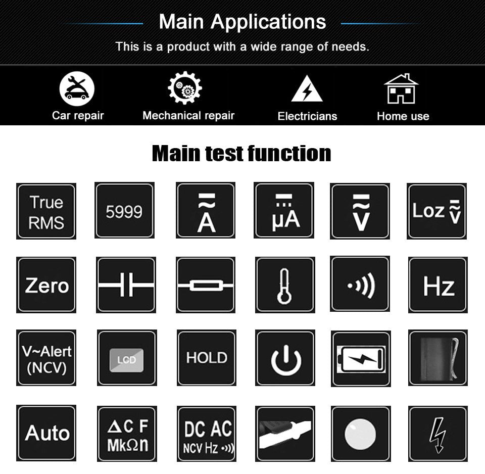 High-Precision Digital Clamp Meter – T-RMS Multimeter for DC/AC, Voltage, Temp, and More image 14