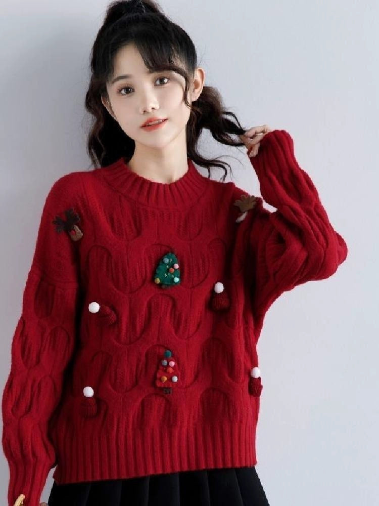 Cozy 3D Knit Long Sleeve Sweater – Winter Christmas Style for Students image 1