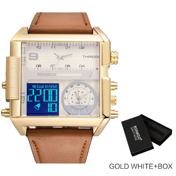 BOAMIGO brand Men sports watches 3 time zone LED Leather quartz wristwatches - new gold white box image