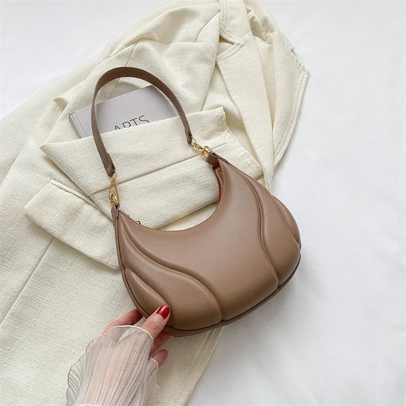 Retro Solid Color Shoulder Bag PU Leather Handbags for Women Simple Ladies Underarm Bag Designer Hobos Saddle Crescent Chic Bag - khaki image