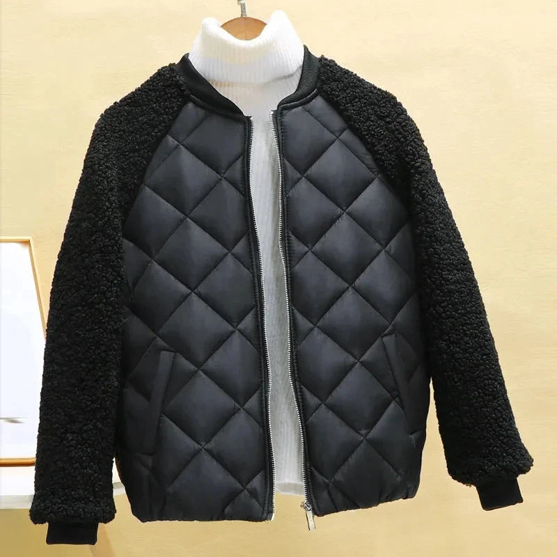 Thin Light Down Cotton Jacket for Women | Hooded Loose-fit Short Coat, Autumn/Winter - crew neck black, M image