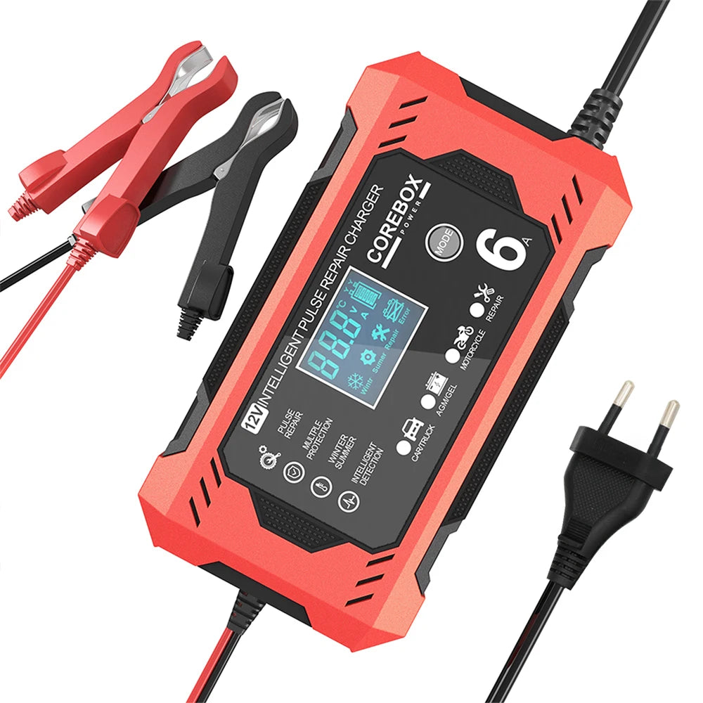 6A 12V Intelligent Automotive Battery Charger for Car & Motorcycle - Smart Lead-Acid Battery Maintenance - Red image